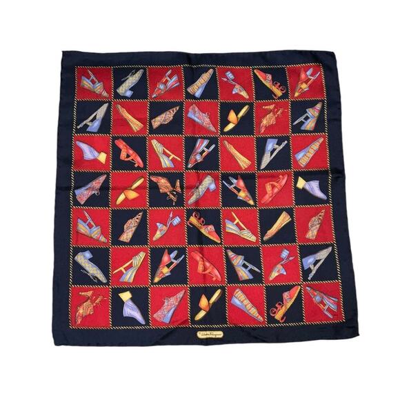 Salvatore Ferragamo Vintage 100% Silk Shoe Designs Scarf 16” Square Red Blue - Picture 7 of 12